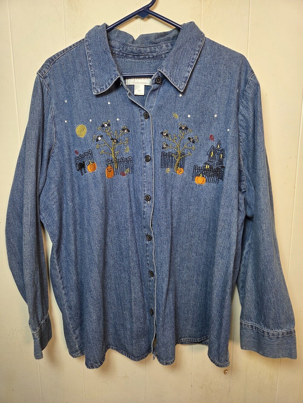 Christopher & Banks Blue Cotton Casual Button Down Shirt Halloween Embroidery 2x